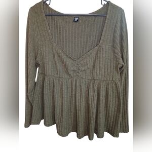 SHEIN Olive Ribbed V-Neck Blouse